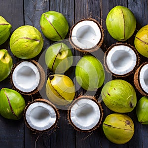 Fresh coconuts arranged tastefully on a wooden backdrop