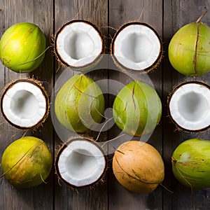 Fresh coconuts arranged tastefully on a wooden backdrop