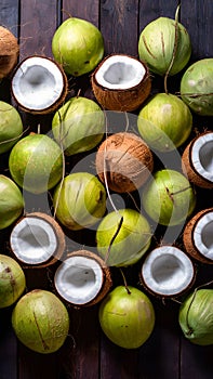 Fresh coconuts arranged tastefully on a wooden backdrop