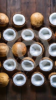 Fresh coconuts arranged tastefully on a wooden backdrop