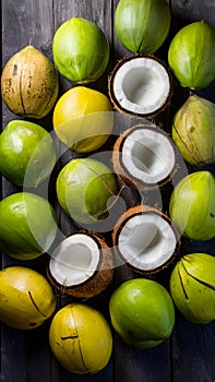 Fresh coconuts arranged tastefully on a wooden backdrop
