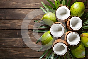 Fresh coconuts arranged tastefully on a wooden backdrop