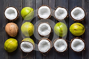 Fresh coconuts arranged tastefully on a wooden backdrop photo