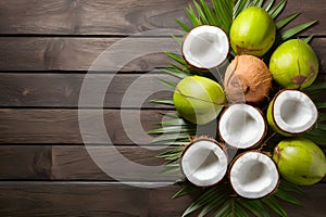 Fresh coconuts arranged tastefully on a wooden backdrop photo