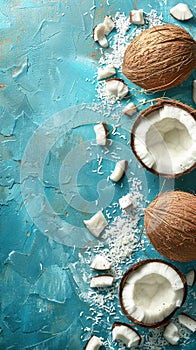 Fresh coconuts and coconut oil arranged on a vibrant blue background