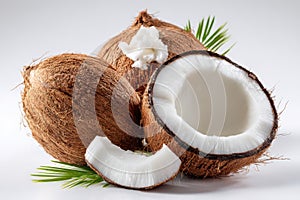 Fresh coconuts halves and coconut oil tropical fruit isolated on a white background