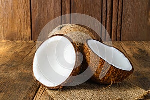 Fresh coconuts on old wooden