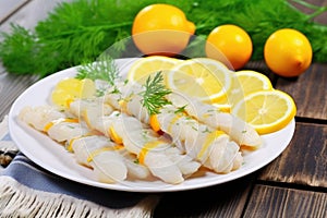 fresh codfish skewers with lemon and ruffle cut-outs