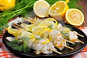 fresh codfish skewers with lemon and ruffle cut-outs