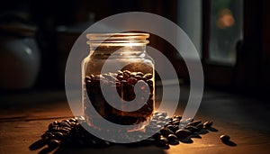 Fresh coffee bean jar on rustic table with single cup generated by AI