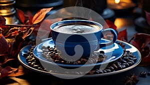 Fresh coffee bean on a wooden table, hot cappuccino steam generated by AI