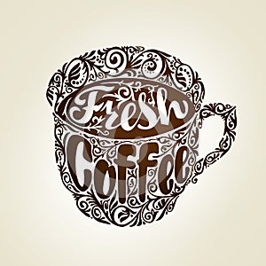 Fresh Coffee. Cup with decorative patterns. Vector illustration