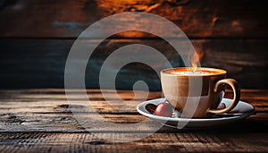 Fresh coffee cup on rustic wood table, steam rising invitingly generated by AI