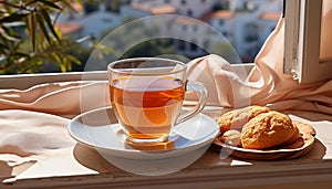 Fresh coffee on wooden table, enjoying summer relaxation in nature generated by AI