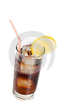 Fresh coke with straw with lemon slice on top, summer time