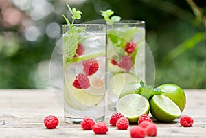 Fresh cold drink water ice cubes peppermint lime raspberry