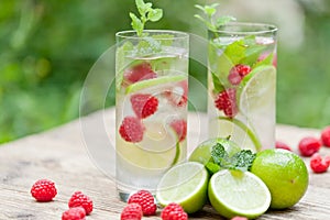 Fresh cold drink water ice cubes peppermint lime raspberry