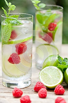 Fresh cold drink water ice cubes peppermint lime raspberry