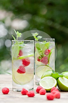 Fresh cold drink water ice cubes peppermint lime raspberry