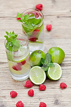 Fresh cold drink water ice cubes peppermint lime raspberry