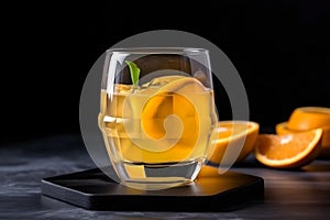 Fresh cold glass of orange juice with ice cubes inside on the table