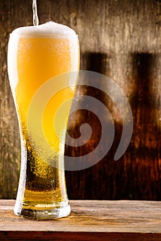 Fresh cold light beer pouring into glass with drops of water on
