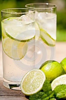 Fresh cold refreshment drink mineral water soda with lime and mint