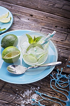 Fresh cold water with lemon, cucumber, ginger, mint and ice