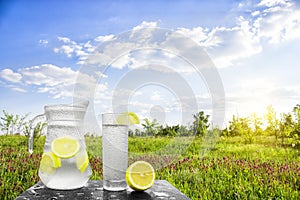 Fresh cold water with lemon and ice in a pitcher on the table.Homemade lemonade with fresh citruses on the background of nature.