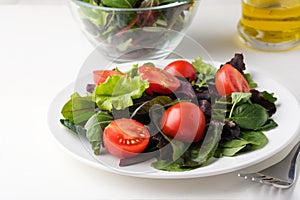 fresh colored cherry tomato salad with arugula, Basil, spinach, salad and olive oil dressing. selective focus