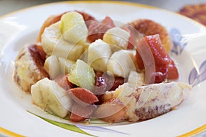 Fresh and colored fruit salad