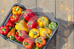 Fresh colorful bell pepper box on wooden table. Top view