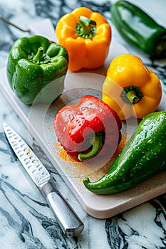 Fresh Colorful Bell Peppers on Cutting Board with Knife on Marble Countertop, Healthy Cooking Ingredients