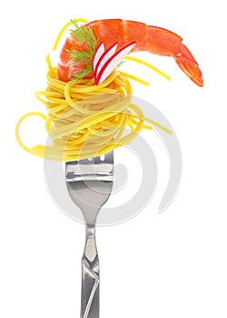 Fresh colorful composition seafood with pasta on fork