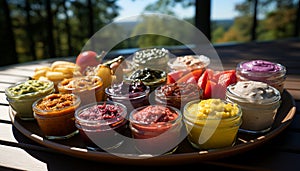 Fresh, colorful fruits and vegetables on a wooden picnic table generated by AI