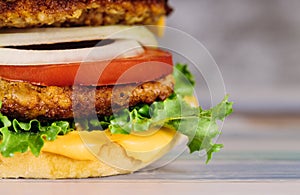 Fresh colorful homemade hamburger on wooden table