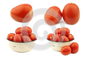 Fresh and colorful italian roma tomatoes and some in an enamel bowl