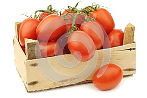 Fresh and colorful italian roma tomatoes on the vine in a wooden crate