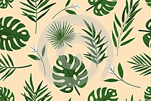 Fresh colorful leaves and branches of tropical plants seamless pattern. Bright jungle print vector flat illustration