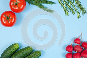 Fresh colorful organic vegetables captured from above top view, flat lay. Blue background. Layout with free copy space.