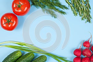 Fresh colorful organic vegetables captured from above top view, flat lay. Blue background. Layout with free copy space.