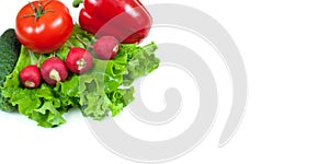 Fresh colorful organic vegetables captured from above top view, flat lay isolated on a white background. Layout with free copy