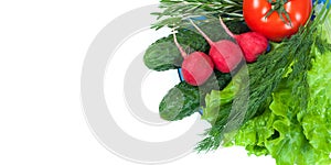 Fresh colorful organic vegetables captured from above top view, flat lay isolated on a white background. Layout with free copy