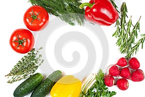 Fresh colorful organic vegetables captured from above top view, flat lay. White background. Layout with free copy space.