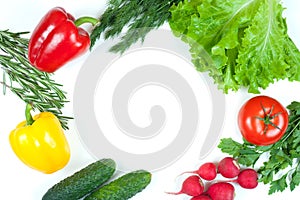 Fresh colorful organic vegetables captured from above top view, flat lay. White background. Layout with free copy space.