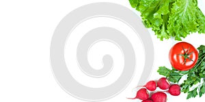 Fresh colorful organic vegetables captured from above top view, flat lay. White background. Layout with free copy space.