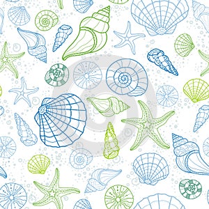 Fresh colorful seamless pattern with various shells, clams, starfish und snails, fun under water background, great for ocean