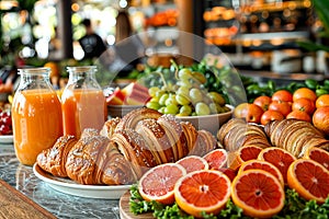 Fresh continental breakfast spread with croissants and juice