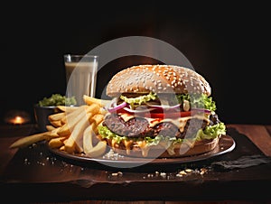 Fresh Cooked Cheeseburger Meal with all the Fixings with Fries. Generative AI