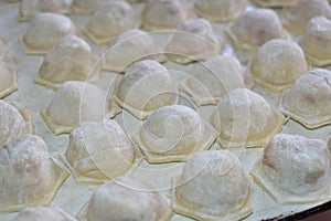 Fresh cooked meat dumplings on a baking sheet